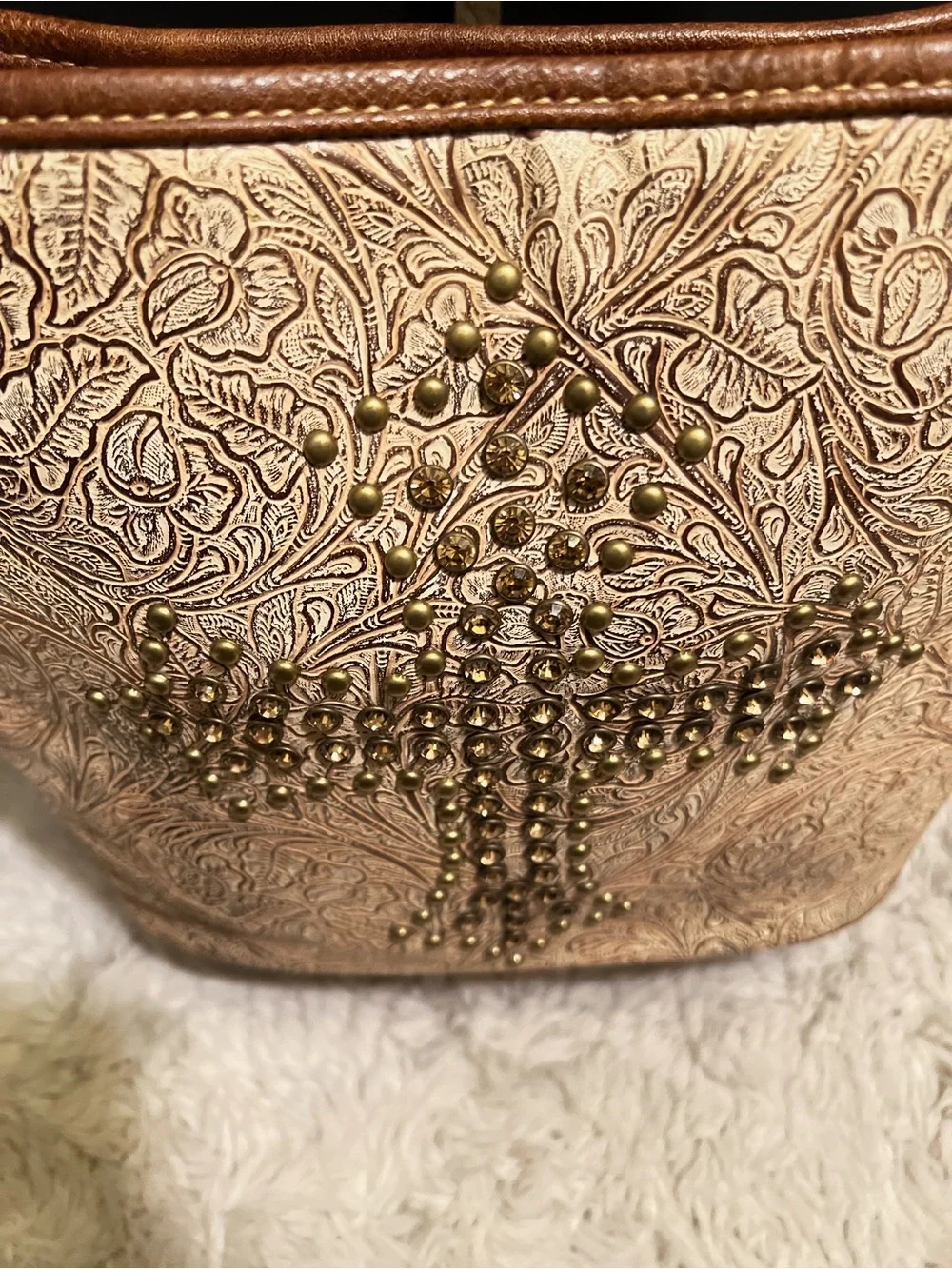 Montana West Tan and Cream Floral Embossed Western Shoulder Bag with Stud Cross